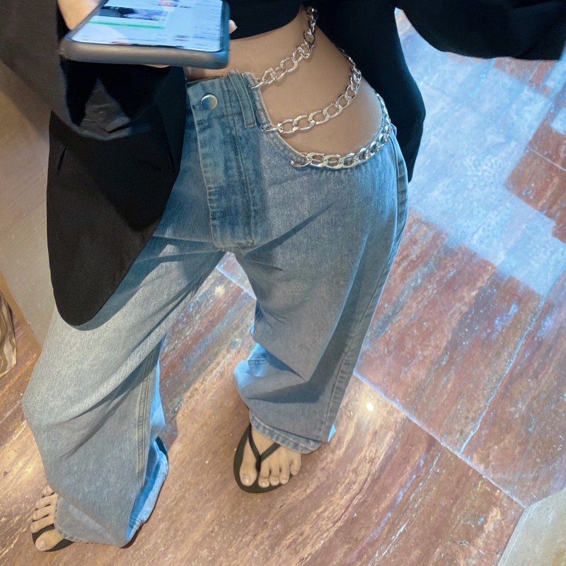 Suhao Net Hong Kong Style Chain High Waist Wide-Legged Jeans Musim Semi dan Musim Panas Straight Slack Slim Fit Pants