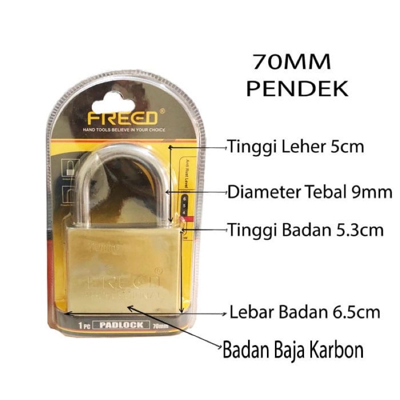 Gembok baja karbon pintu pagar pendek 40mm - 70mm Freed