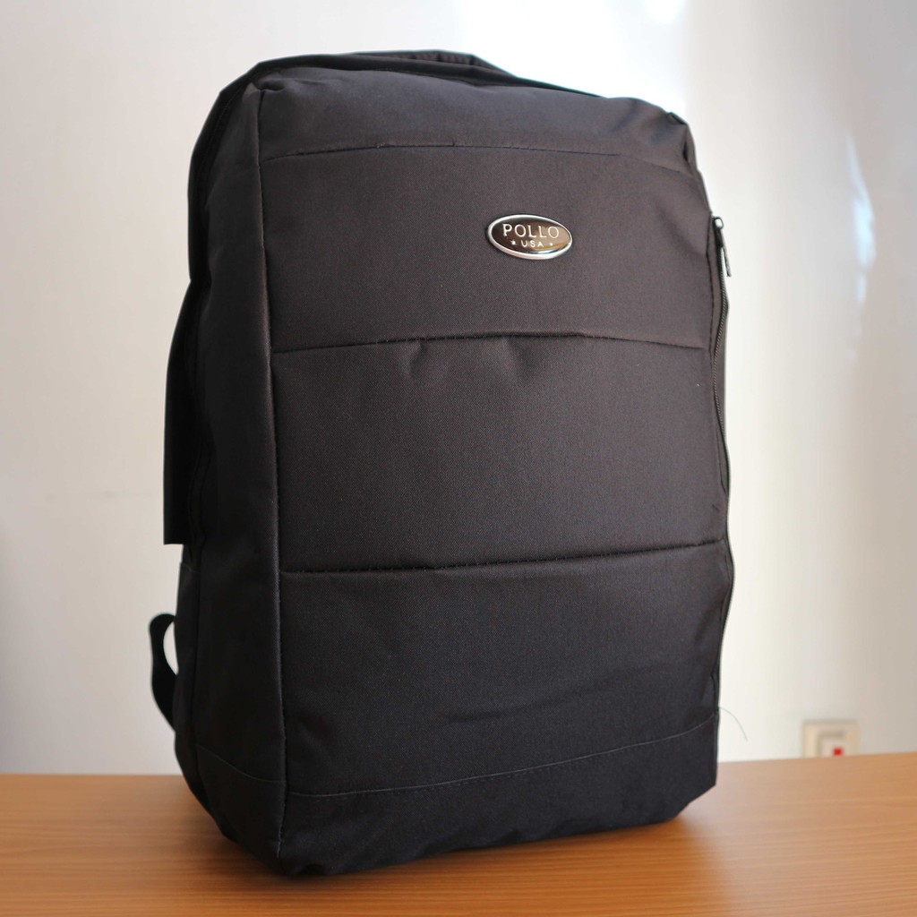 Tas Ransel Polo Pria Warna Hitam SMA Kuliah Kerja Backpack Cowok Travelling Hiking Free Raincover + Slot Laptop Bahan Awet Tebal Halus Harga Terlaris Termurah Terjangkau