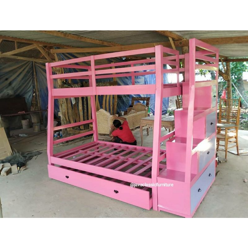 DIPAN TEMPAT TIDUR RANJANG SUSUN TINGKAT ANAK DUCO PUTIH PINK MINIMALIS LACI 3 BED MURAH BAHAN KAYU FURNITURE JEPARA KUALITAS EXPORT-4
