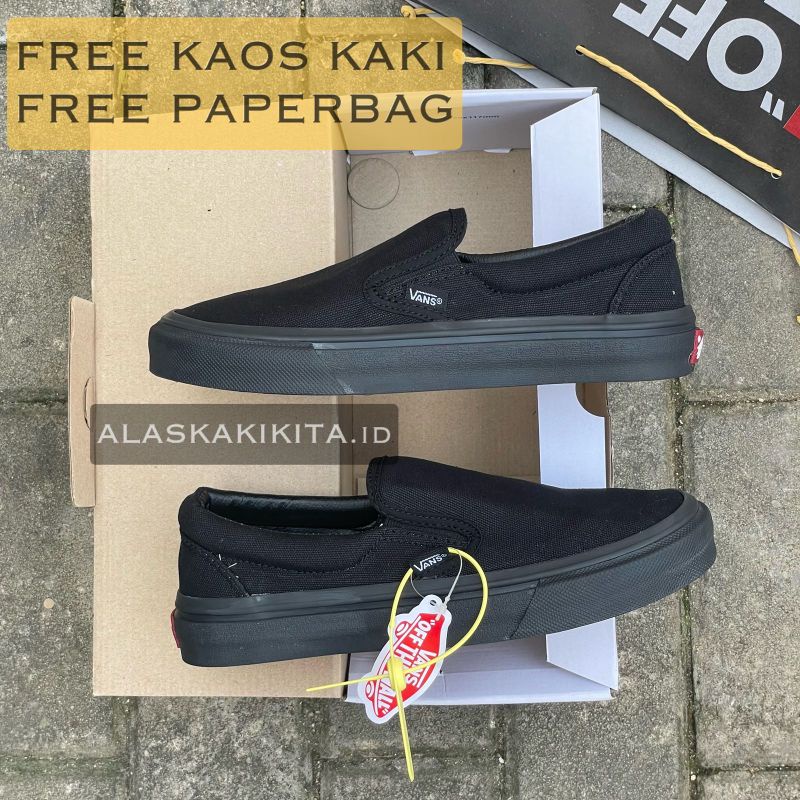 SEPATU SEKOLAH PRIA WANITA HITAM POLOS SLIP ON VANS FULL BLACK FREE KOAS KAKI &amp; PAPERBAG