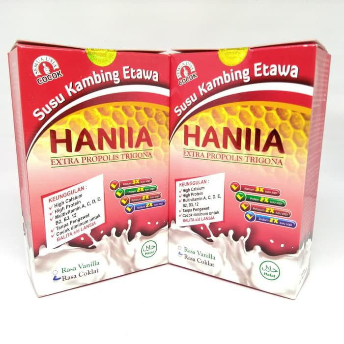 

Susu Kambing Etawa Extra Propolis Trigona HANIIA - Rasa Coklat - Halal - ORIGINAL