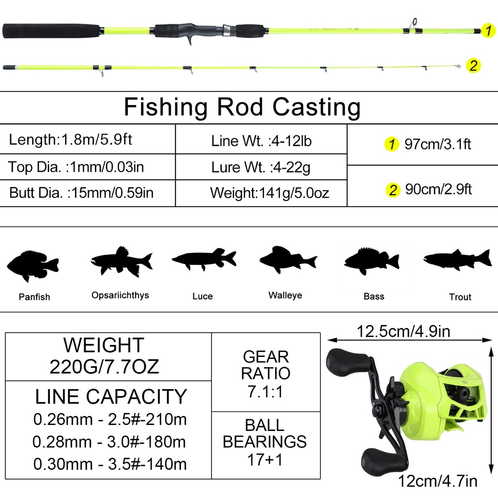 set pancing 1.8M Casting/Spinning Fishing Rod EVA Handle 2 Bagian Fishing Tackle untuk Bass Outdoor Fishing and Max Drag 8 kg Baitcasting Reel Gear rasio 7.1: 1 Ball Bearing 17 + 1 Metal Fishing Reel