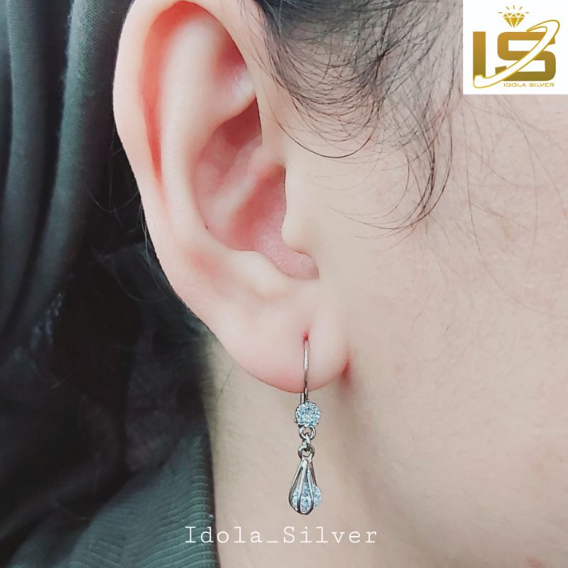 ANTING ANAK/DEWASA PERAK ASLI SILVER 925 LAPIS EMAS PUTIH MODEL OVAL PERMATA SANGKAR - PERHIASAN PERAK WANITA