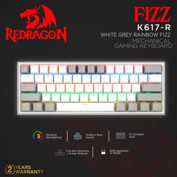 Redragon Mechanical Gaming Keyboard 60% Whitegreyrainbow Fizz-K617-R Kekostore51