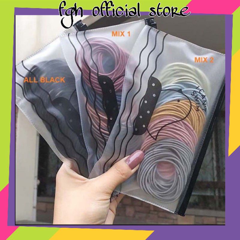 100 Pcs Ikat Karet Rambut Elastis Warna Hitam Polos Gaya Korea - Aksesoris Rambut