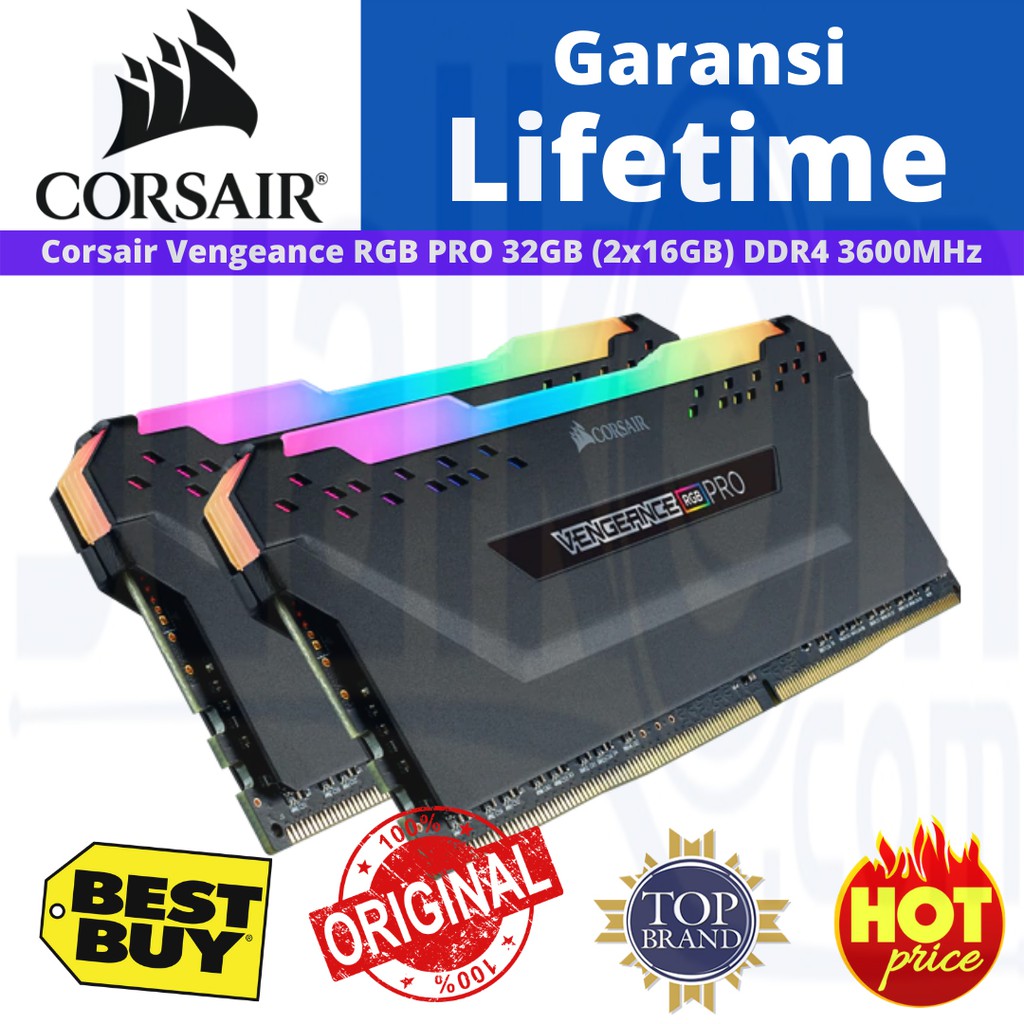 Corsair DDR4 Vengeance RGB Pro 32GB 2x 16GB 3600MHz CMW32GX4M2D3600C18 Resmi