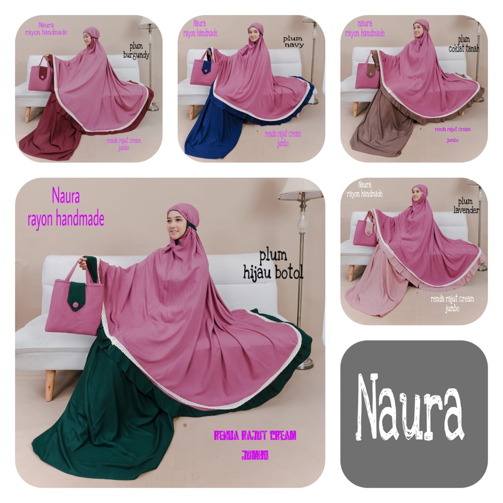 Mukena Naura Rayon Atasan Plum Bawahan 5 Variasi Warna Renda Rajut Cream Jumbo Handmade Bali Polosan Mukenah High Quality - Dewasa