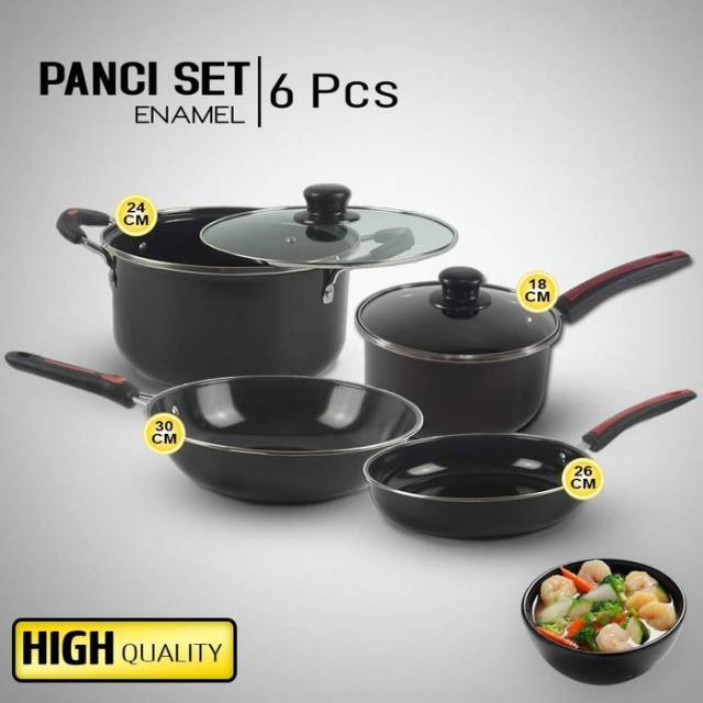 Panci set GSF / wajan set enamel GSF / panci enamel set / cookware set + tutup kaca (6pcs)