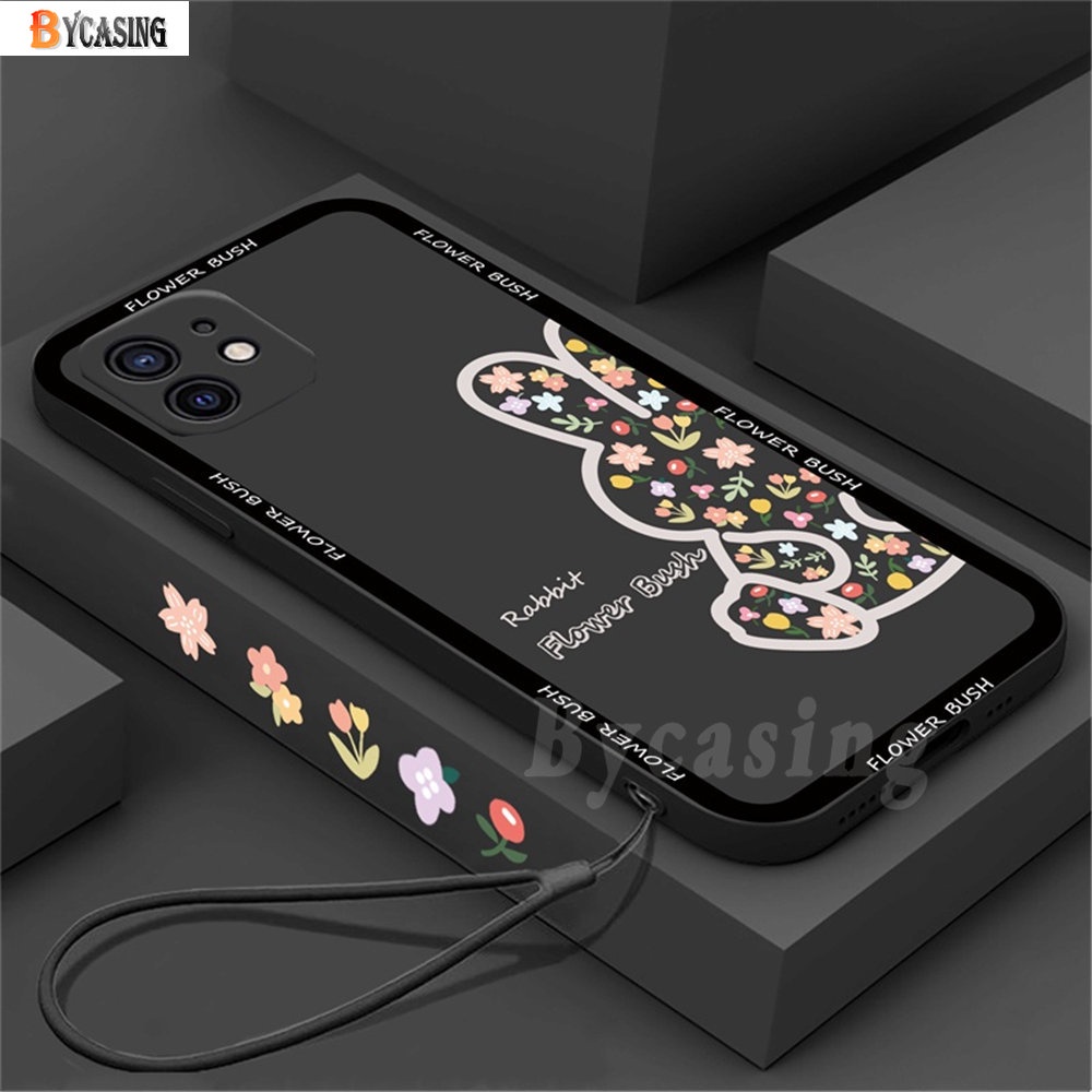 Soft Case Silikon Motif Kelinci + Bunga + Strap Untuk iPhone 11 Pro Max / 13 / 12 / 6 / 6S / 7 / 8 Plus / SE 2020 / XR / Xs Max