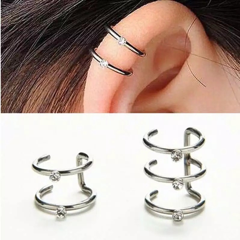 Klip Telinga Helix Dua atau Tiga  Berlian Imitasi Earring Clip On Bisa Disesuaikan