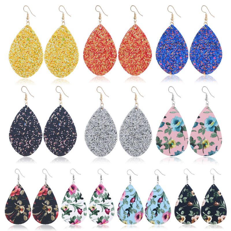 SIY  1 Pair Dangle Earrings Women Lady Sequins Floral Print Jewelry Faux Leather Pendant Elegant Unique Wedding Gifts Girls Oval Fashion