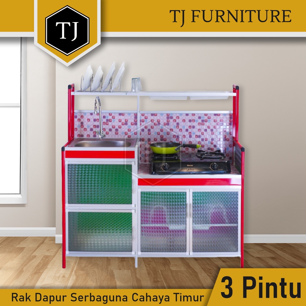 Cahaya Timur Rak Dapur Serbaguna Dengan Rak Piring Kaca Es 3 Pintu / Meja Dapur / Kitchen Counter / 