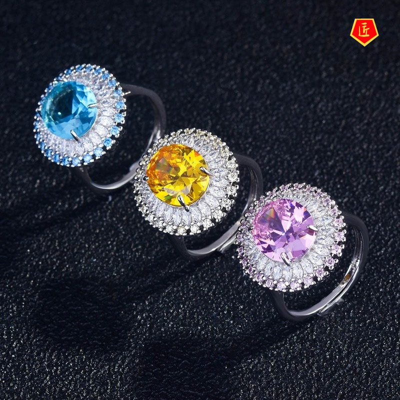 [Ready Stock]Natural Yellow Diamond Blue Topaz Rings Ear Studs Necklace Set