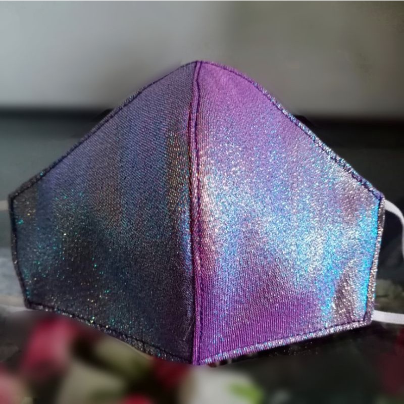 Masker Kain 3 Ply Metalik Ungu X Silver / Masker Pesta / Glitter