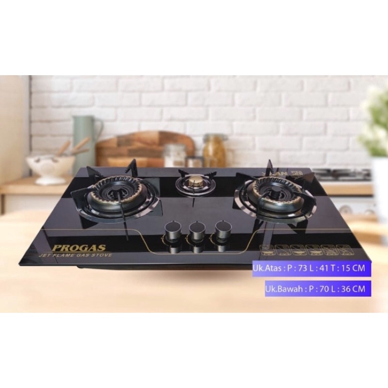 Kompor Kaca 3 Tungku / Kompor Gas 3 Tungku Tanam Kaca Progas Kompor tanam