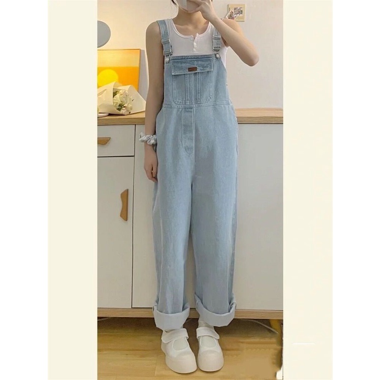 Overall Denim Jumpsuit Kaki Lebar Lurus Longgar Wanita Tipis