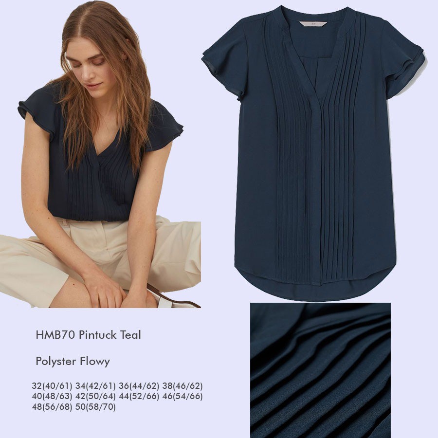 HNM Blouse Wanita Pintuck Teal Sage Green White Pattern-2