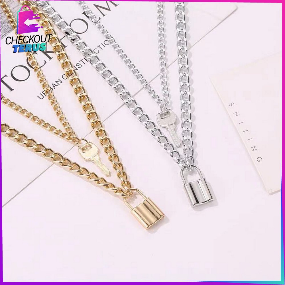 CT K57 K58 Korean Fashion Kalung Gembok Kunci Lock Key Wanita Pria Retro Kalung Rantai Wanita Lapis Emas Liontin Simple Unik