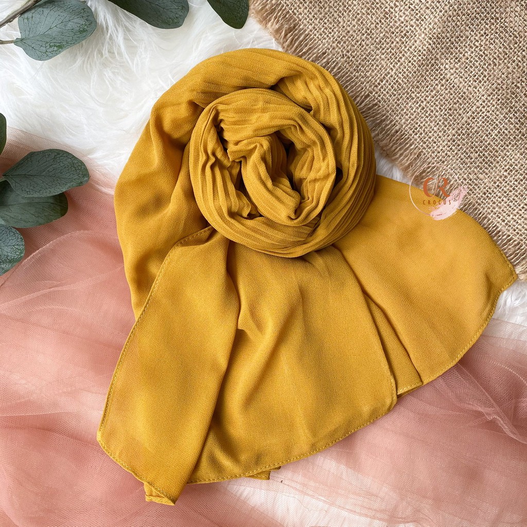 [𝐂𝐫𝐨𝐜𝐮𝐬] (180 * 60cm) Pashmina Plisket Ceruty Baby Doll / Pasmina Pleated Hijab Kerudung-Shawl - MUSTARD
