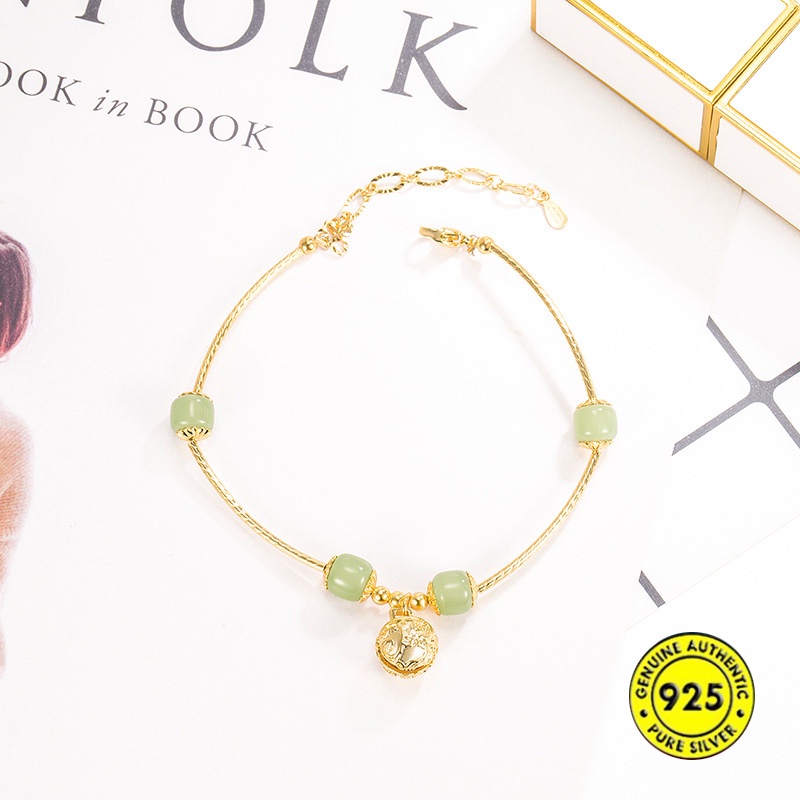 Gelang Tangan Rantai Emas 18K Adjustable Aksen Batu Giok Bulat Untuk Wanita