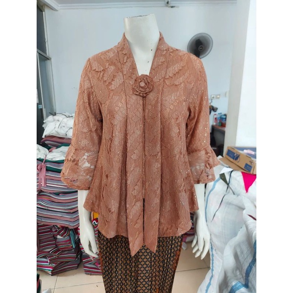 (BrTr92/100/110) Kebaya Floy Brokat GLITTER  7/8 busui TEROMPET KeroncongBusana-Coklat