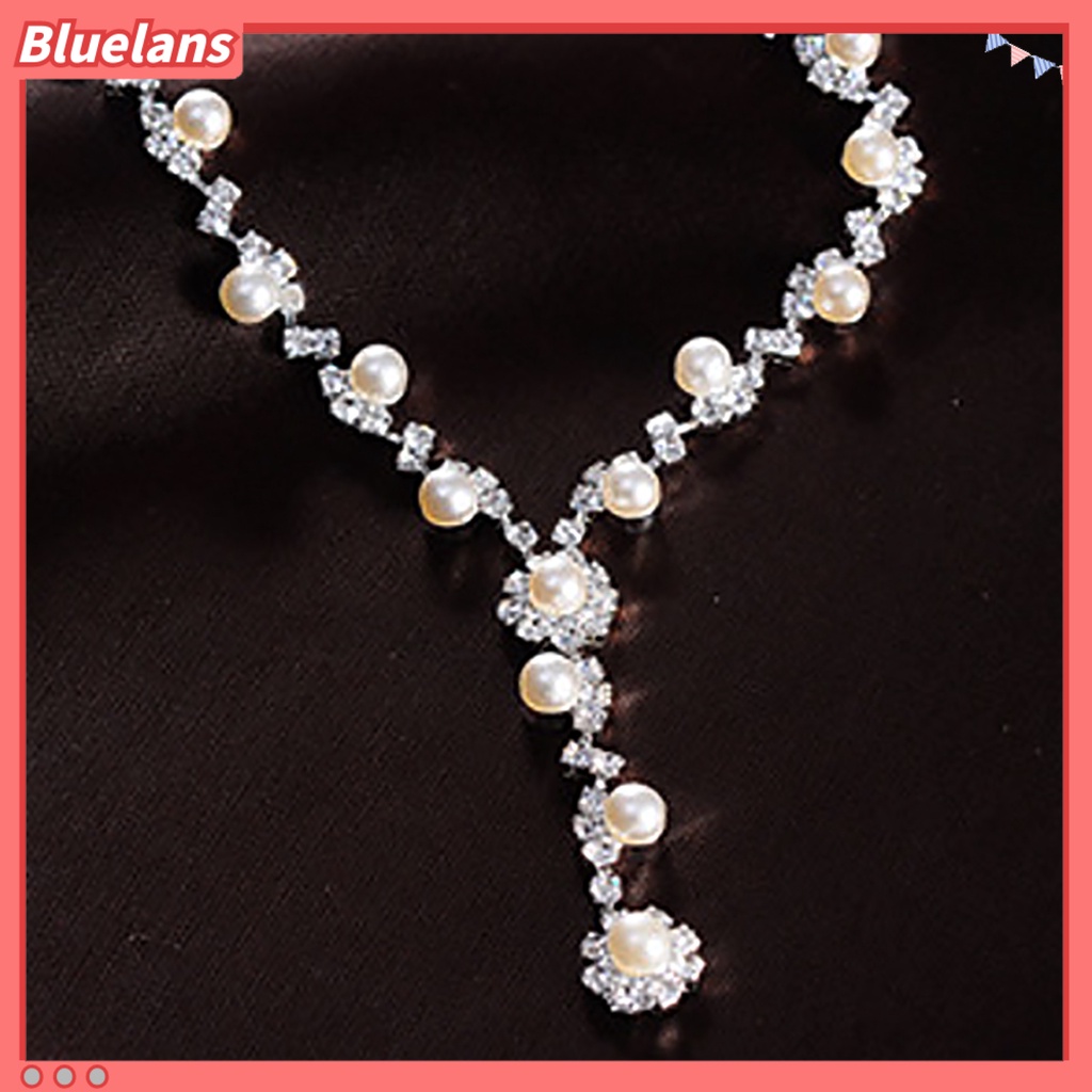 Bluelans 3Pcs Necklace Jewelry Set Faux Pearls Decorations Anniversary Gift Rhinestone Choker Necklace Dangle Earrings Set