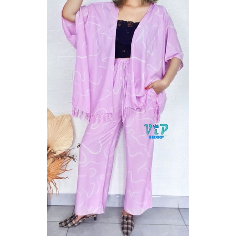 Set Outer Cardigan dan Kulot Tiedye Bali Lilit bohemian-Candy lilac