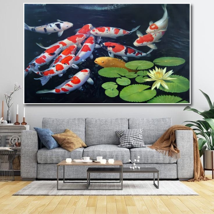 Lukisan Poster Ikan Koi hoki Fengshui 9 Jumbo 3 dimensi Xtra Besar Ukuran 70x50 cm 100x70cm 150x100c