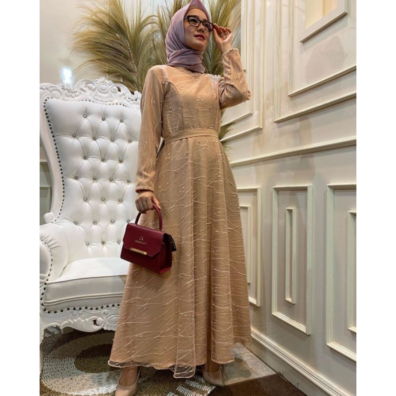 Gamis Brukat, Dress/Gamis Pesta Brukat Tulle Premium, Vania Dress (mocca)