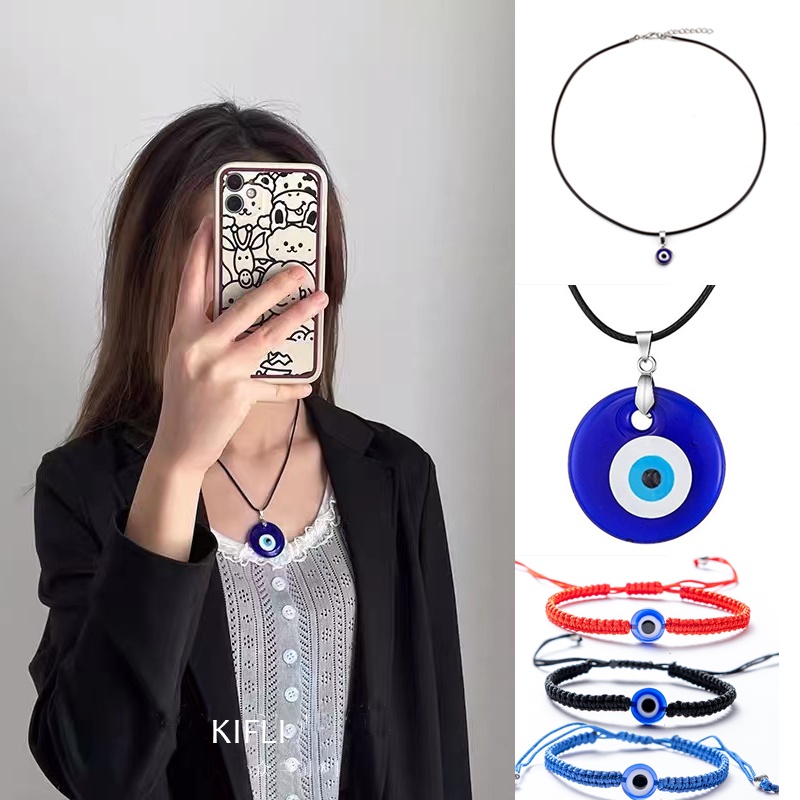 (Kifli) Turkey Devil Eye Protection Blue Eyes Glass Lucky Charm Pendant Necklace For Men Women Unisex Fashion Accessories Jewelry