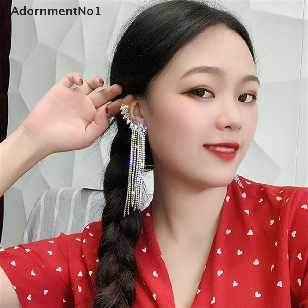 (AdornmentNo1) Anting Gantung Panjang Tusuk Motif Tetesan Air + Rumbai + Kristal + Berlian Imitasi Untuk Wanita