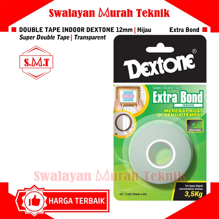

Double Tape Indoor DEXTONE 12MM Hijau Extra Bond Transparan Clear