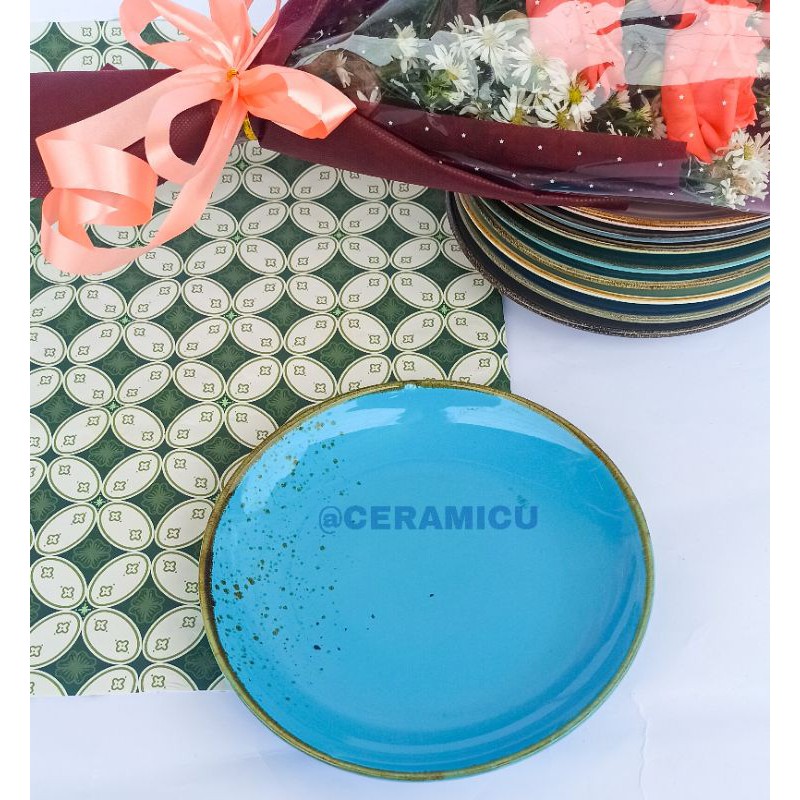 PIRING MAKAN KERAMIK MURAH / SALAD PLATE RUSTIC ukuran 21cm-BRIGHTBLUE