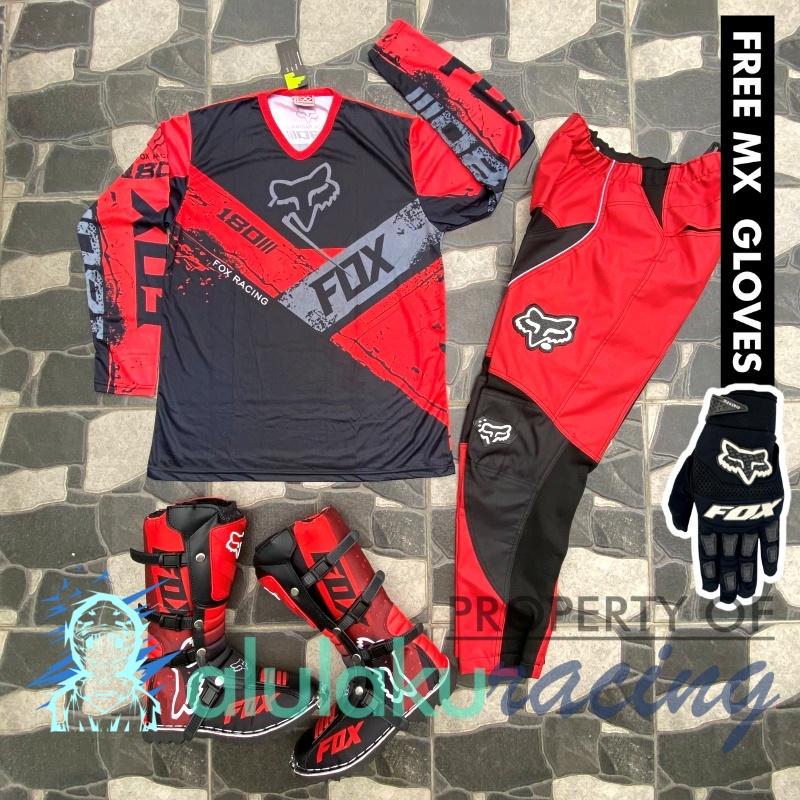 Jersey, Celana, Sarung Tangan &amp; Sepatu Fullprint with Protectors Fullset MX Trail Motocross - Paket Bundling FOCTFG150303-F41