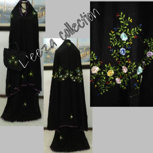 Mukena Jasmine Black Rayon Cotton by L'eeza Embroidery