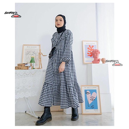 Midi Dress Korean Style Vintage Katun Busui Lengan Panjang Jumbo Motif Kotak Kotak - Gamis Motif Kot