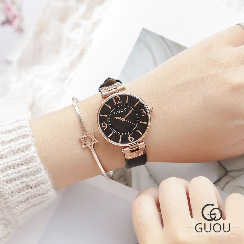 GUOU Jam Tangan Wanita Gaya Korea Sederhana Fashion Tren Tahan Air Leisure Atmosfer Kuarsa Wanita Berjaga