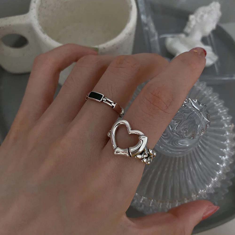 Needway  Temperament Open Rings Simple Fashion Jewelry Metal Rings Women Korean Black Chain Personality Heart Shaped Silver Plate Finger Rings