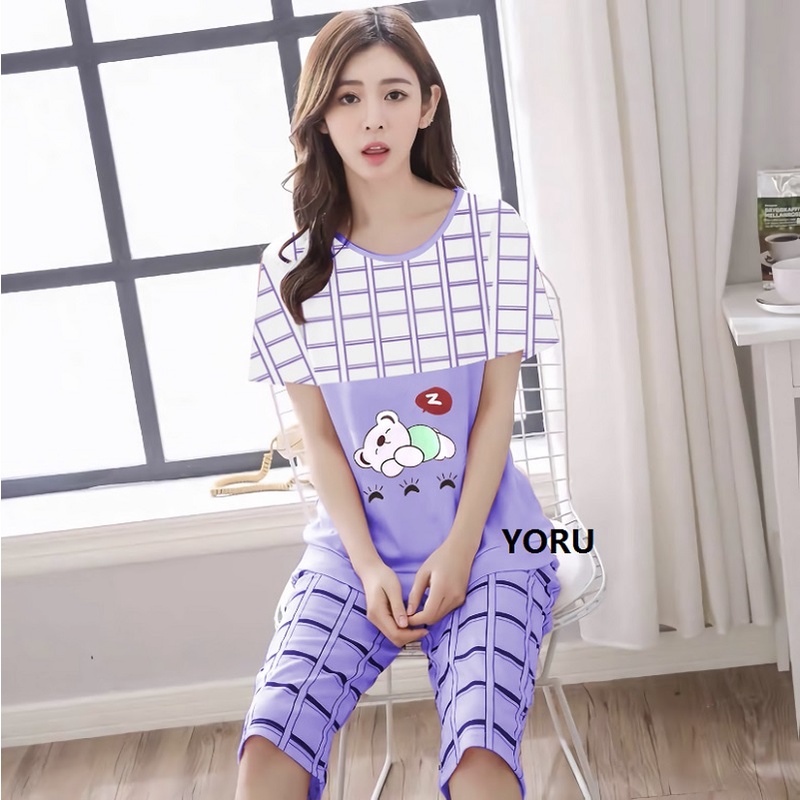 Pamelo.id Stelan C3/4 Baby Doll / Suplier Sleep Wear / Baju Tidur Wanita kaos Katun / Stelan Baju Tidur Murah Produk Terlaris Set HP-Bear zzZ Ungu