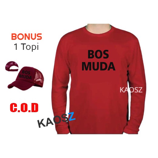 BONUS Topi - Kaos Distro Bos Muda Hitam Premium Fashion Pria Wanita Lengan Panjang