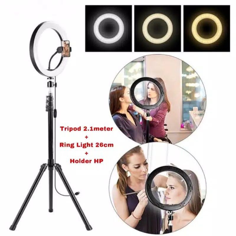 Paket Ringlight 26cm + Tripod 2M - Lampu Vloger &amp; Lampu Beauty