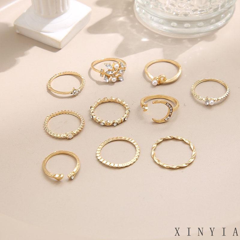 10 Pcs Cincin Berlian Mutiara Bentuk Bulan Bintang Hati Daun Gaya Retro Untuk Wanita