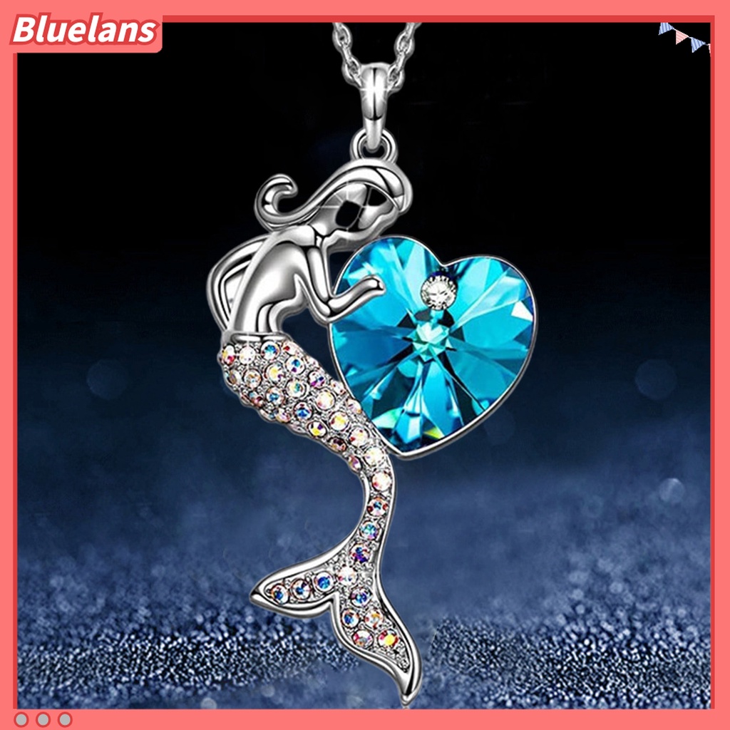 Kalung Klavikula Desain Hati Mermaid Aksen Kristal Tiruan Gaya Elegan Untuk Wanita