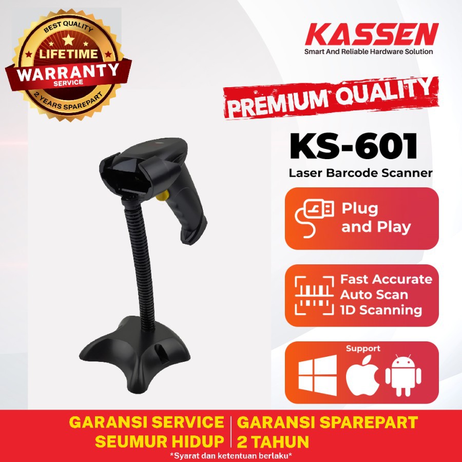 BARCODE SCANNER KASSEN KS-601 BARCODE SCANNER 1D AUTOSCAN &amp; CONTINOUS USB+STAND MURAH