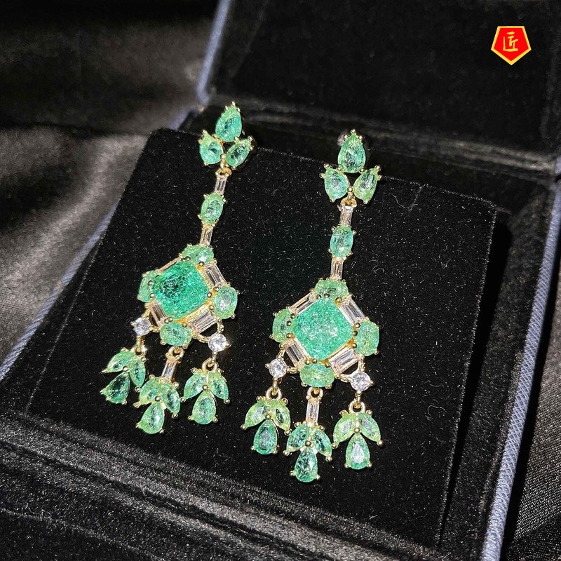 [Ready Stock]Women's 925 Silver Luxury Vintage Green Gem Long Stud Earrings