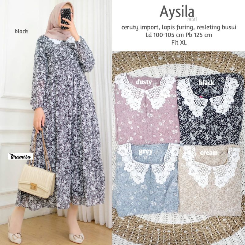 Aysila Maxy//Dress midi//gamis Ceruty import//gamis midi