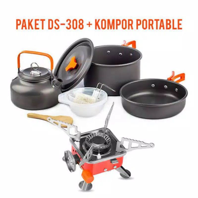 Paket Hemat Teko Cooking Set DS308 &amp; Camping Stove K202 Kemping Outdoor