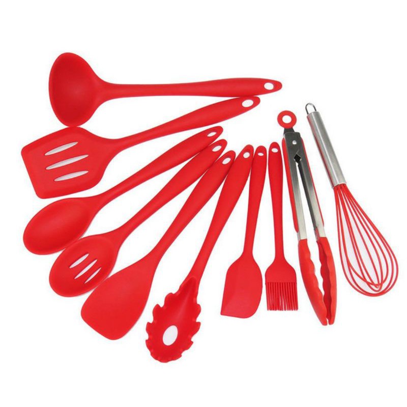 1Set 10pcs alat masak silicone tahan panas 10 pcs / spatula sodet Sutil capitan kocokan telur silikon isi 10 pcs komplit / utensil silikon 10pcs komplit