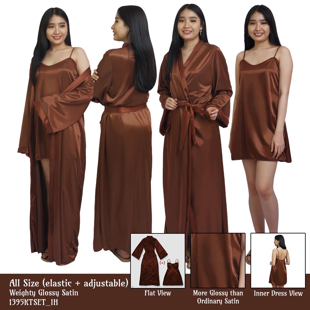 FOLVA kimono set baju tidur satin 1395KTSET coklat all size